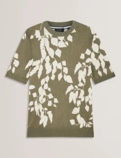 Baumwoll-Feinstrick-T-Shirt mit Blätterprint