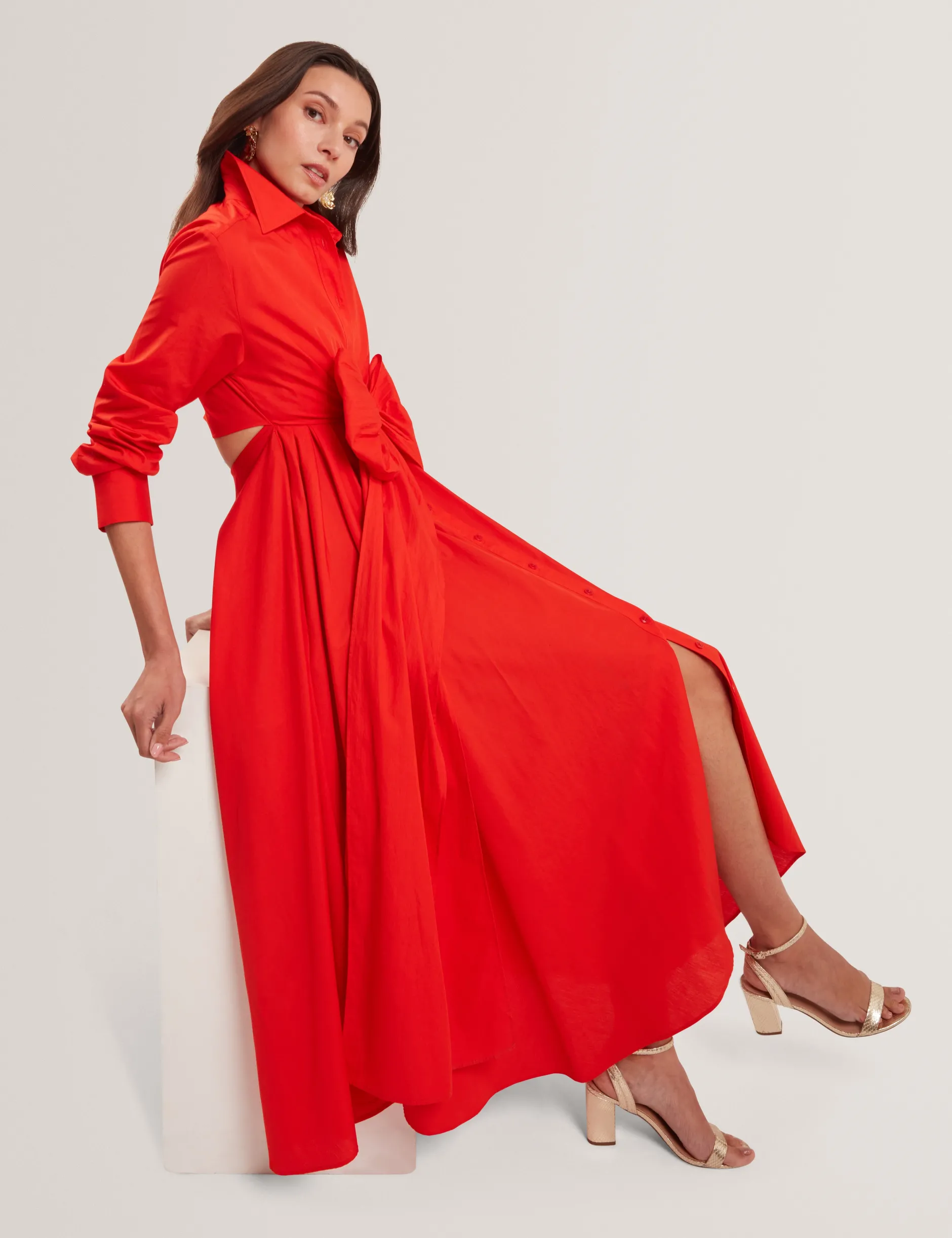 Baumwoll-Wickelkleid mit Cut-Outs, Midi-Länge, Hemdbluse