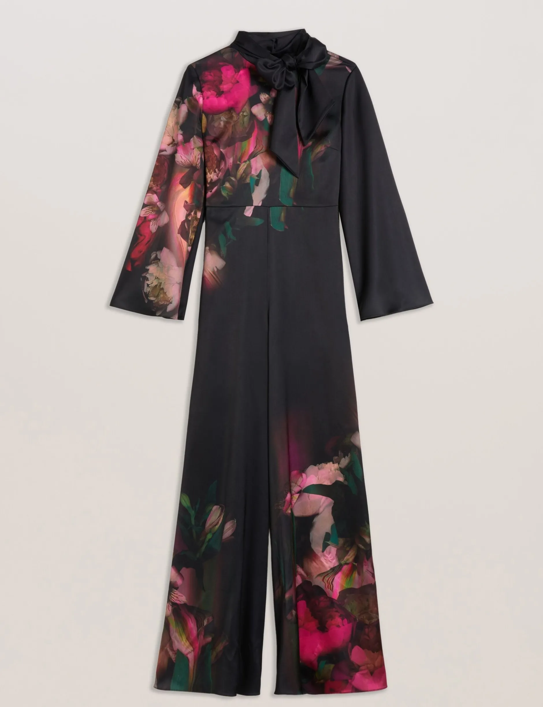 Bedruckter Jumpsuit mit Bindekragen und weitem Bein