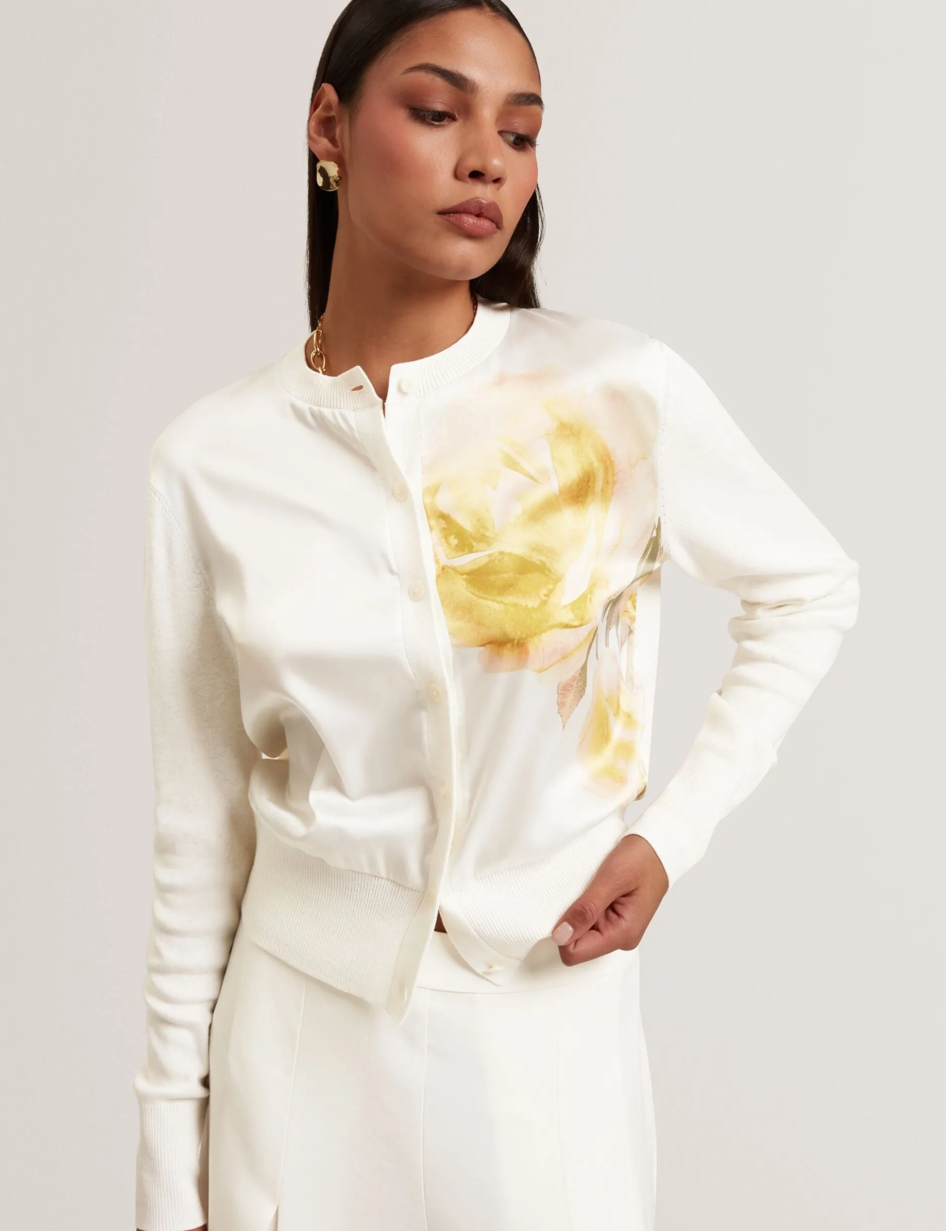 Bedruckte Strickjacke mit gewebter Vorderseite