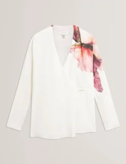 Bluse mit Printdetails, Wickeloptik und langen Ärmeln