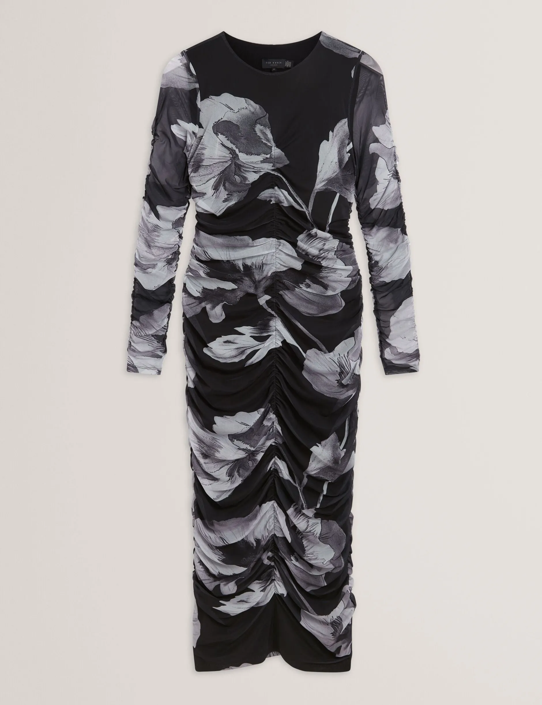 Dunkelblümtes, geblümtes, gerafftes, figurbetontes Midikleid aus Mesh