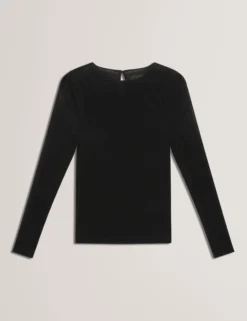 Figurbetontes Langarm-Top aus Samt-Mesh