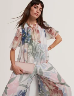 Geblümte, plissierte Chiffonhose mit weitem Bein