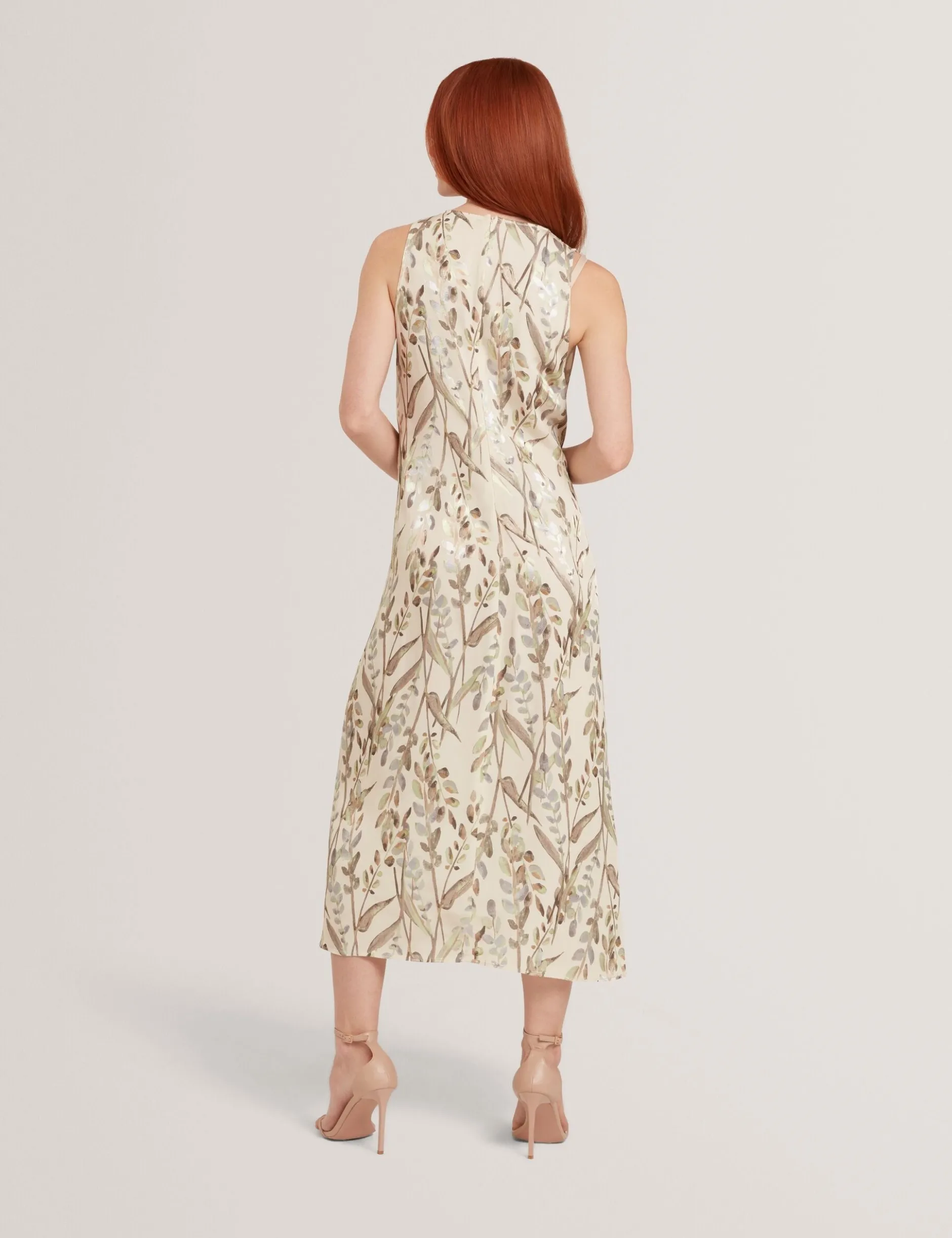 Jacquard-Midi-Kleid mit Blättermuster und geraffter Taille