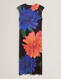 Jersey-Midikleid mit Dahlienmuster und drapiertem Kragen