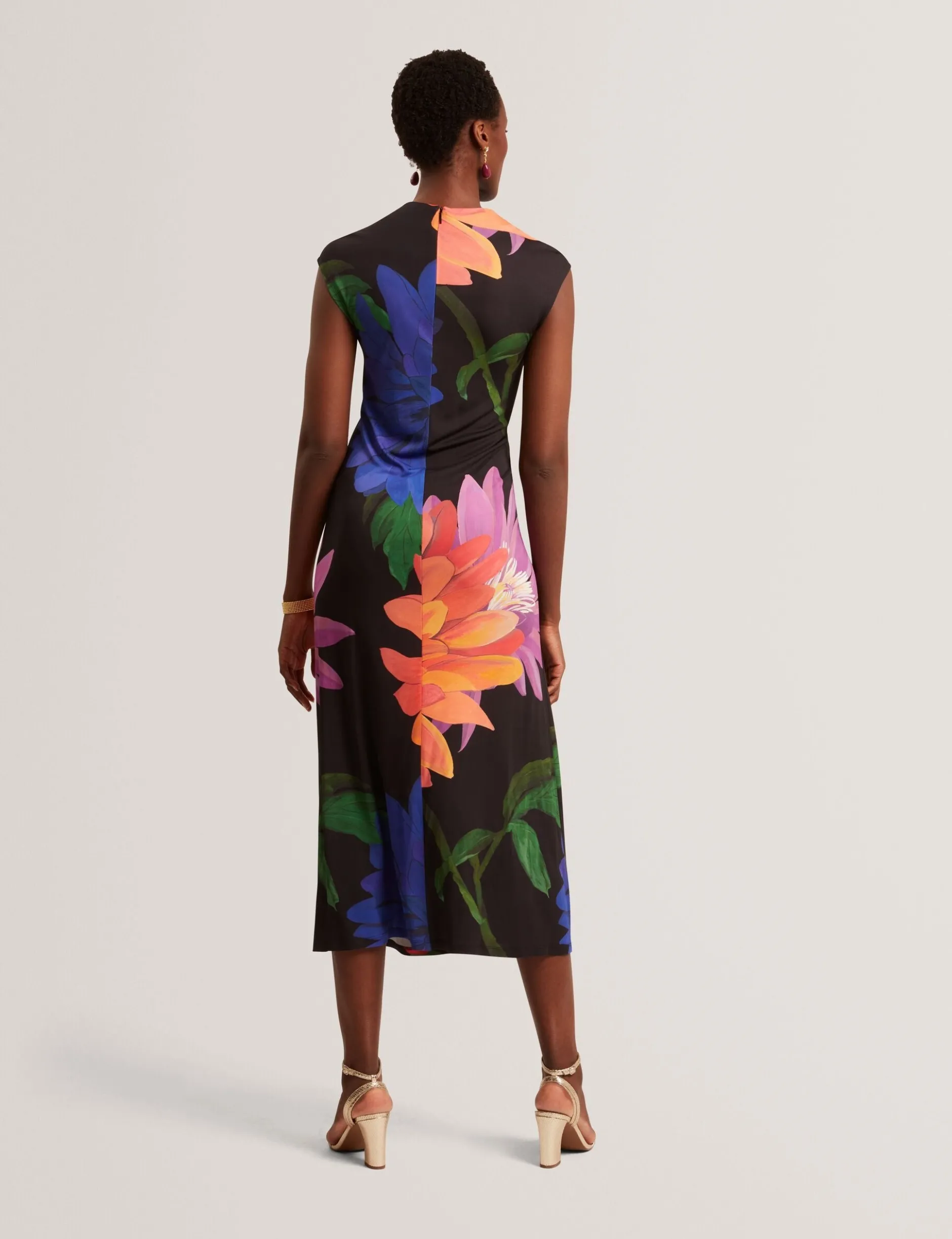 Jersey-Midikleid mit Dahlienmuster und drapiertem Kragen
