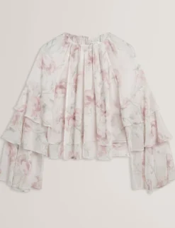 Langarmshirt mit Rosenmuster und Rüschen