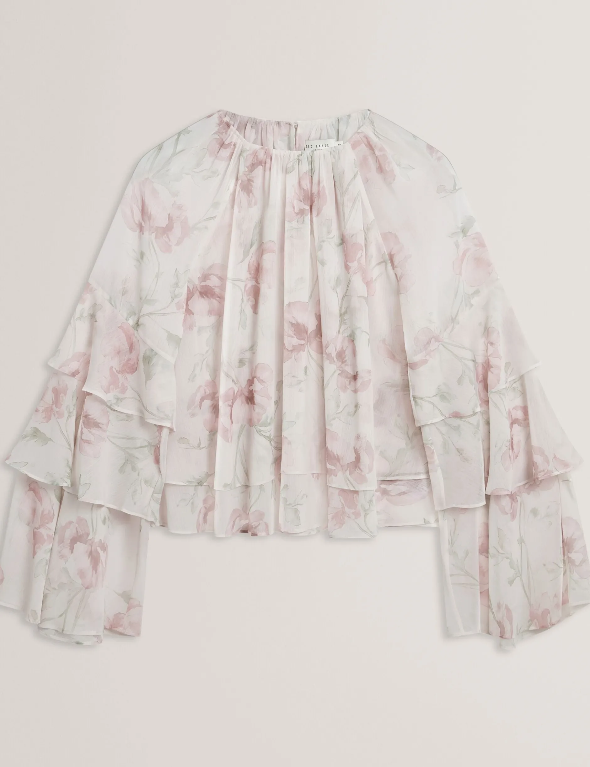 Langarmshirt mit Rosenmuster und Rüschen