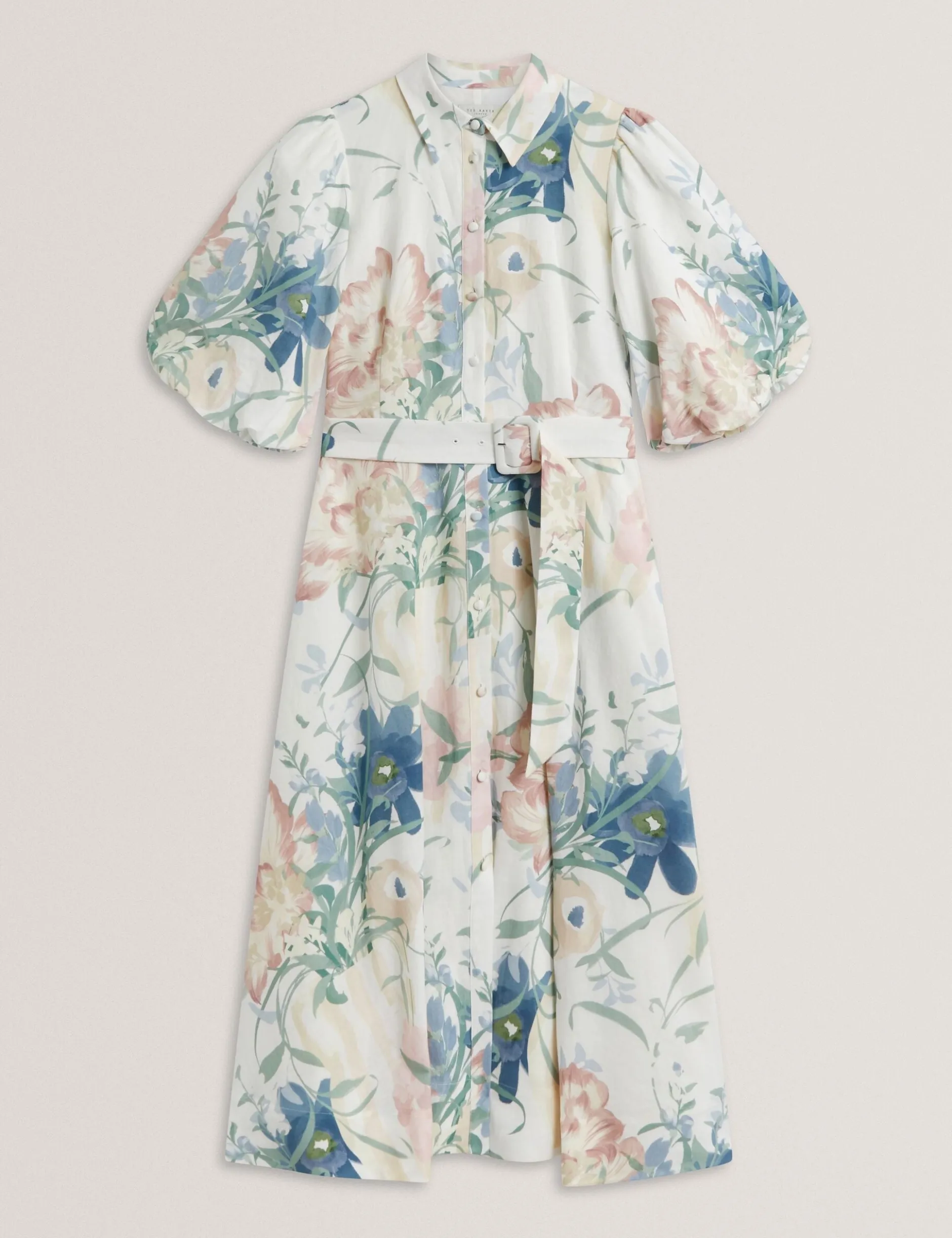 Leinen-Midi-Hemdblusenkleid mit Puffärmeln „Soft Blooms“