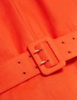Leinen-Midikleid mit Puffärmeln und Gürtel