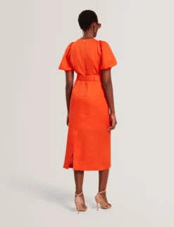 Leinen-Midikleid mit Puffärmeln und Gürtel