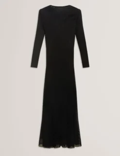 Maxikleid aus Strick mit transparenten Details und langen Ärmeln