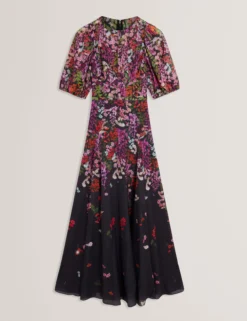 Maxikleid in A-Linie mit verstreuten Blumenmustern und Puffärmeln