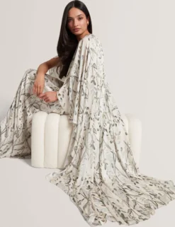Maxikleid mit Blattprint und Umhang-Detail