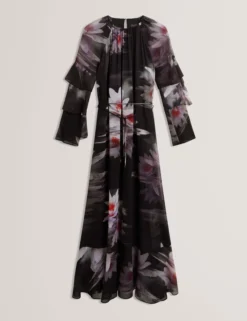 Maxikleid mit Lilienmuster, Rüschen und langen Ärmeln