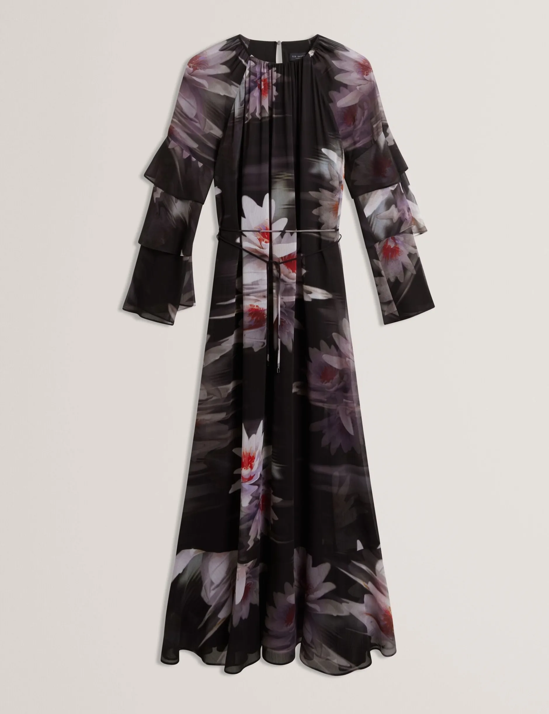Maxikleid mit Lilienmuster, Rüschen und langen Ärmeln
