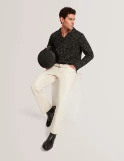 Melange Strick-Langarm-Poloshirt