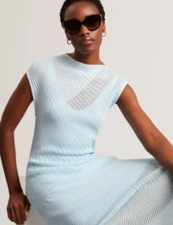 Midaxi-Kleid aus strukturiertem Strick mit transparenten Details