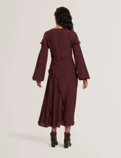 Midikleid aus Crêpe mit Rüschenbesatz und langen Ärmeln