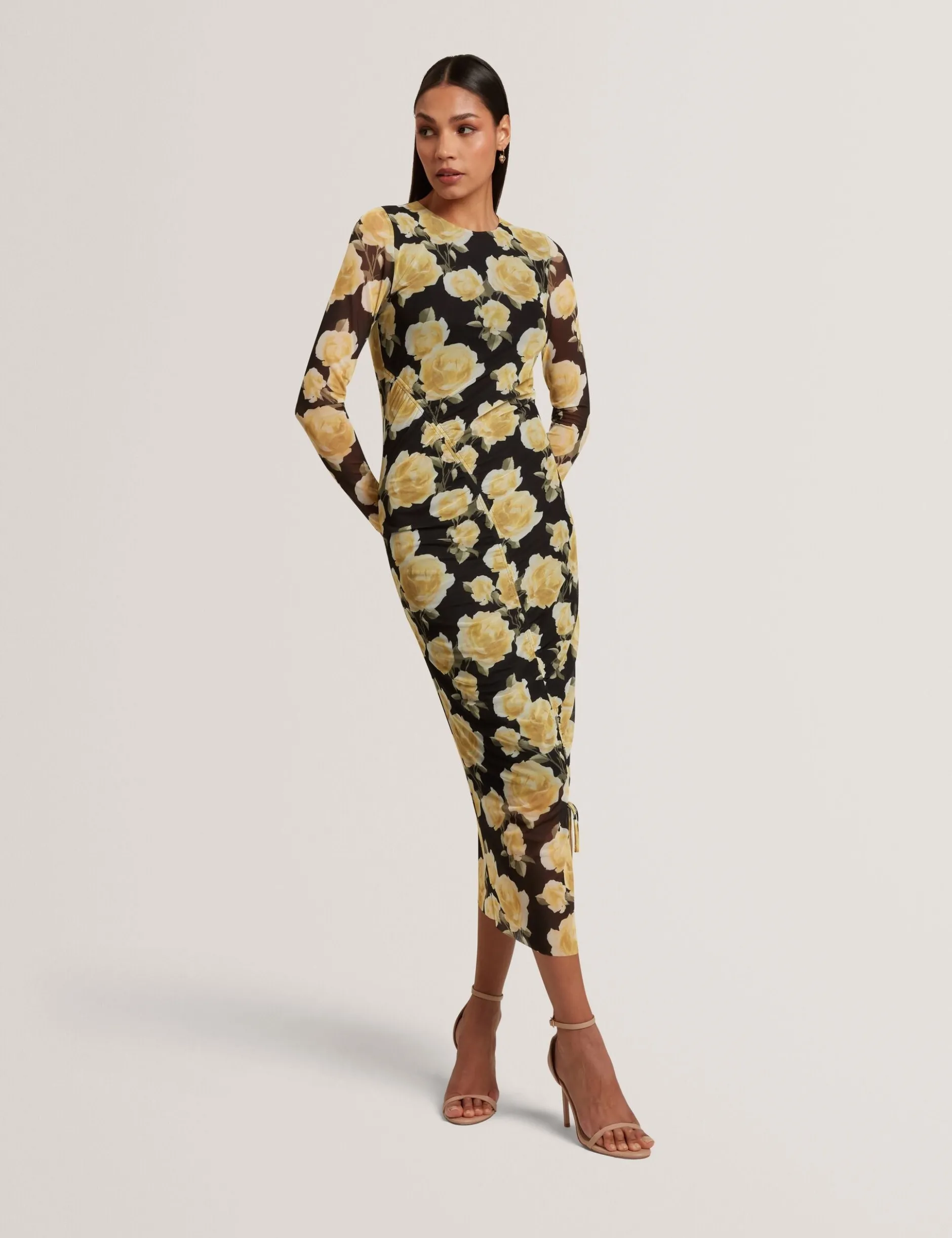 Midikleid aus Mesh mit Rosenmuster und langen Ärmeln