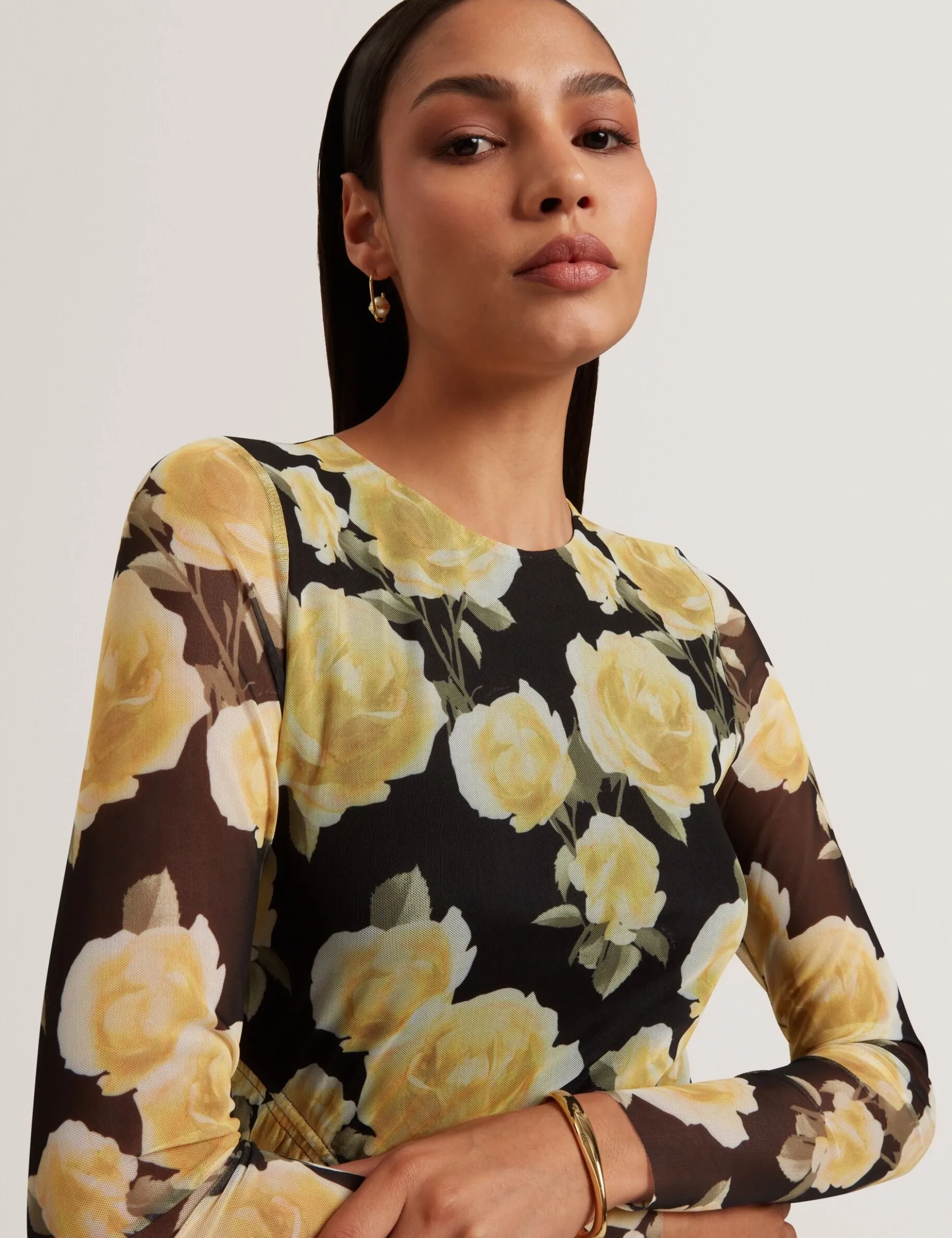 Midikleid aus Mesh mit Rosenmuster und langen Ärmeln