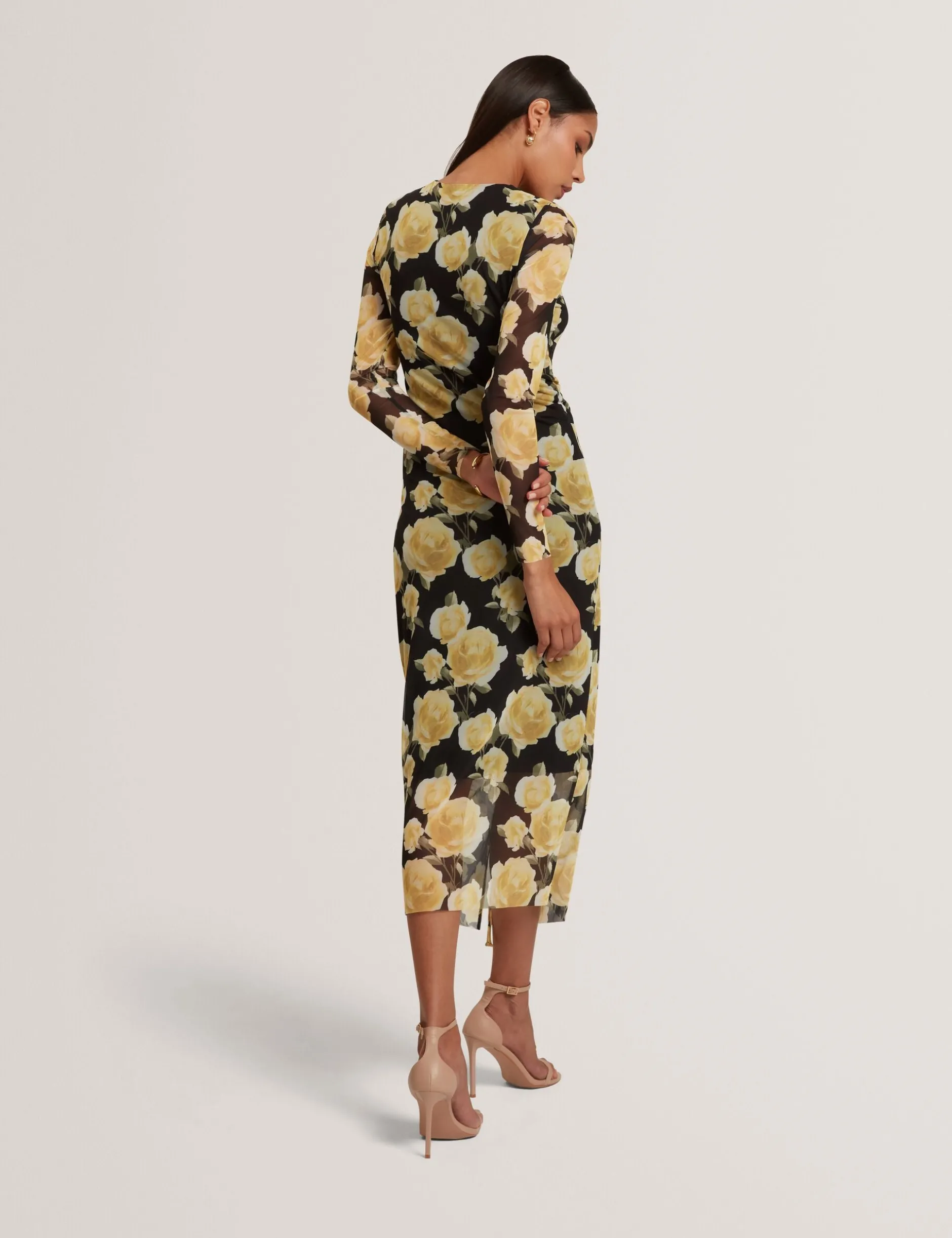 Midikleid aus Mesh mit Rosenmuster und langen Ärmeln
