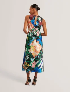 Midikleid aus Satin mit auffälligem Blumenmuster und drapiertem Ausschnitt