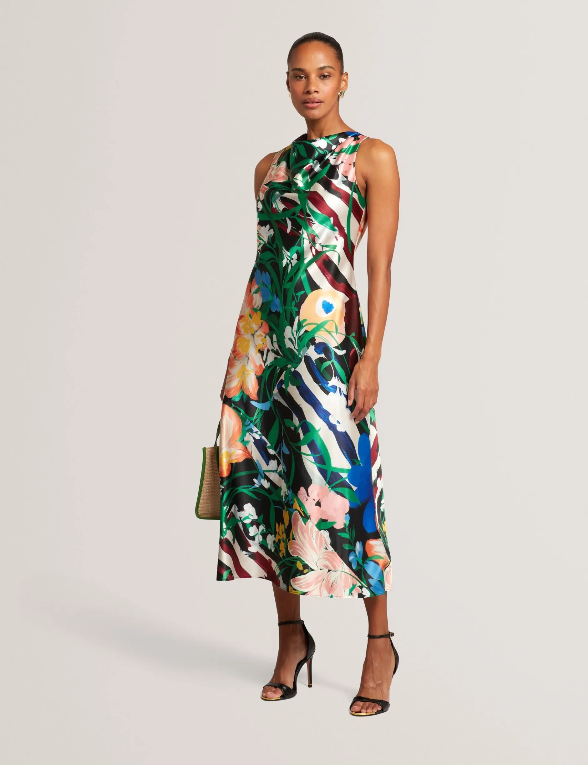 Midikleid aus Satin mit auffälligem Blumenmuster und drapiertem Ausschnitt