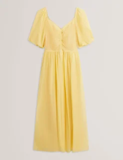 Midikleid aus Webstoff mit Puffärmeln und V-Ausschnitt