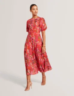 Midikleid mit Blütenmuster und Puffärmeln in A-Linie