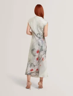 Midikleid mit Lilienmuster und Drapierung am Kragen
