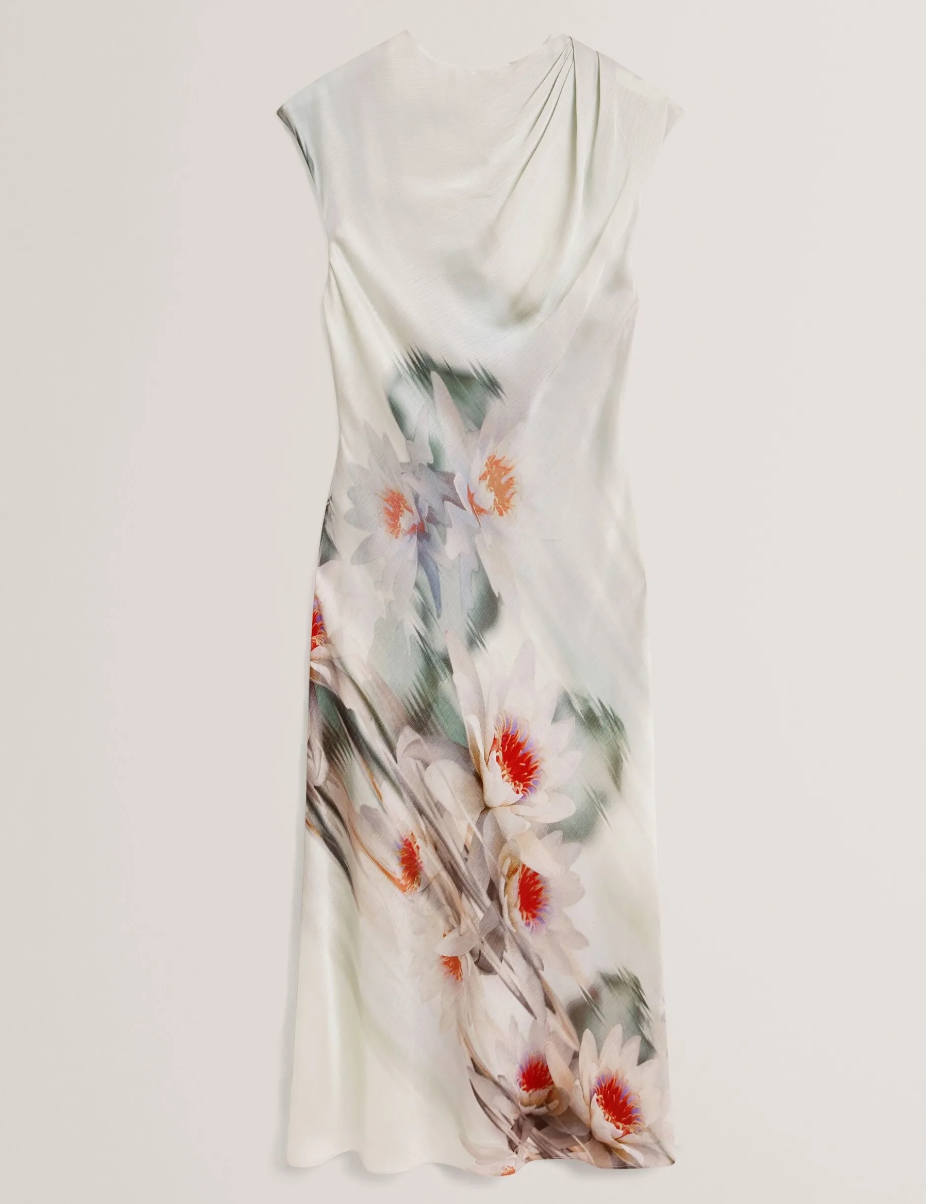Midikleid mit Lilienmuster und Drapierung am Kragen