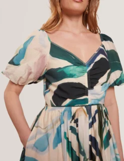 Midikleid mit Print und Puffärmeln sowie Ziernähten