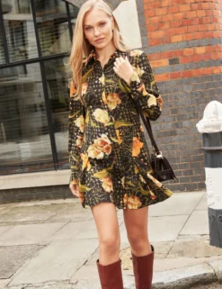 Mini-Hemdkleid mit Blumen-Karomuster
