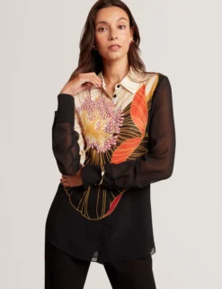 Nouveau Floral Halbtransparentes Longline-Hemd