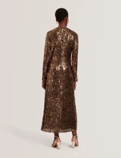 Paillettenbesetztes, langärmeliges Midikleid