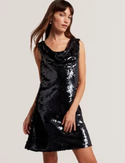 Paillettenbesetztes, ärmelloses Minikleid mit Wasserfallausschnitt