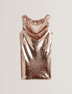 Paillettenbesetztes, ärmelloses Minikleid mit Wasserfallausschnitt