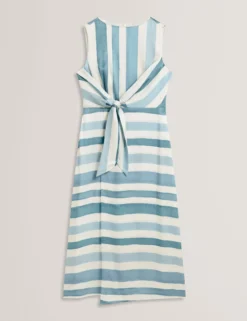 Ärmelloses Midikleid mit blauen Streifen und Bindeband vorne