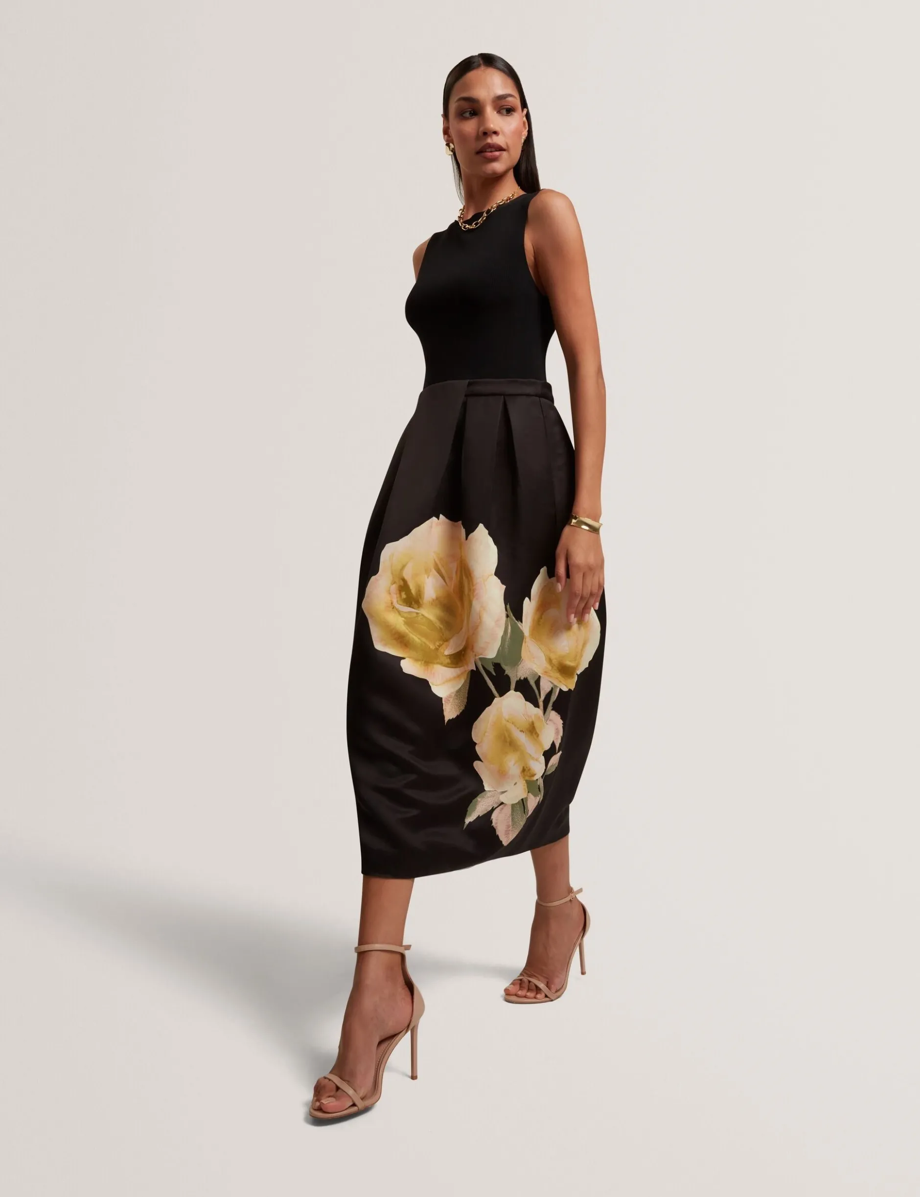 Ärmelloses Midi-Kleid mit Rosenmuster