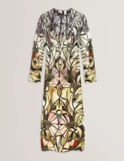 Satin-Midikleid mit Spiegelprint, langen Ärmeln