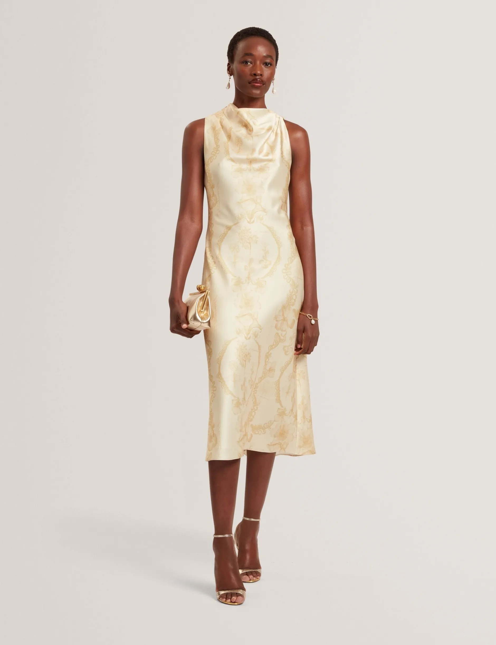 Satin-Midikleid mit Spitzenprint, Wasserfallausschnitt und Spitzenbedruckung