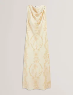 Satin-Midikleid mit Spitzenprint, Wasserfallausschnitt und Spitzenbedruckung