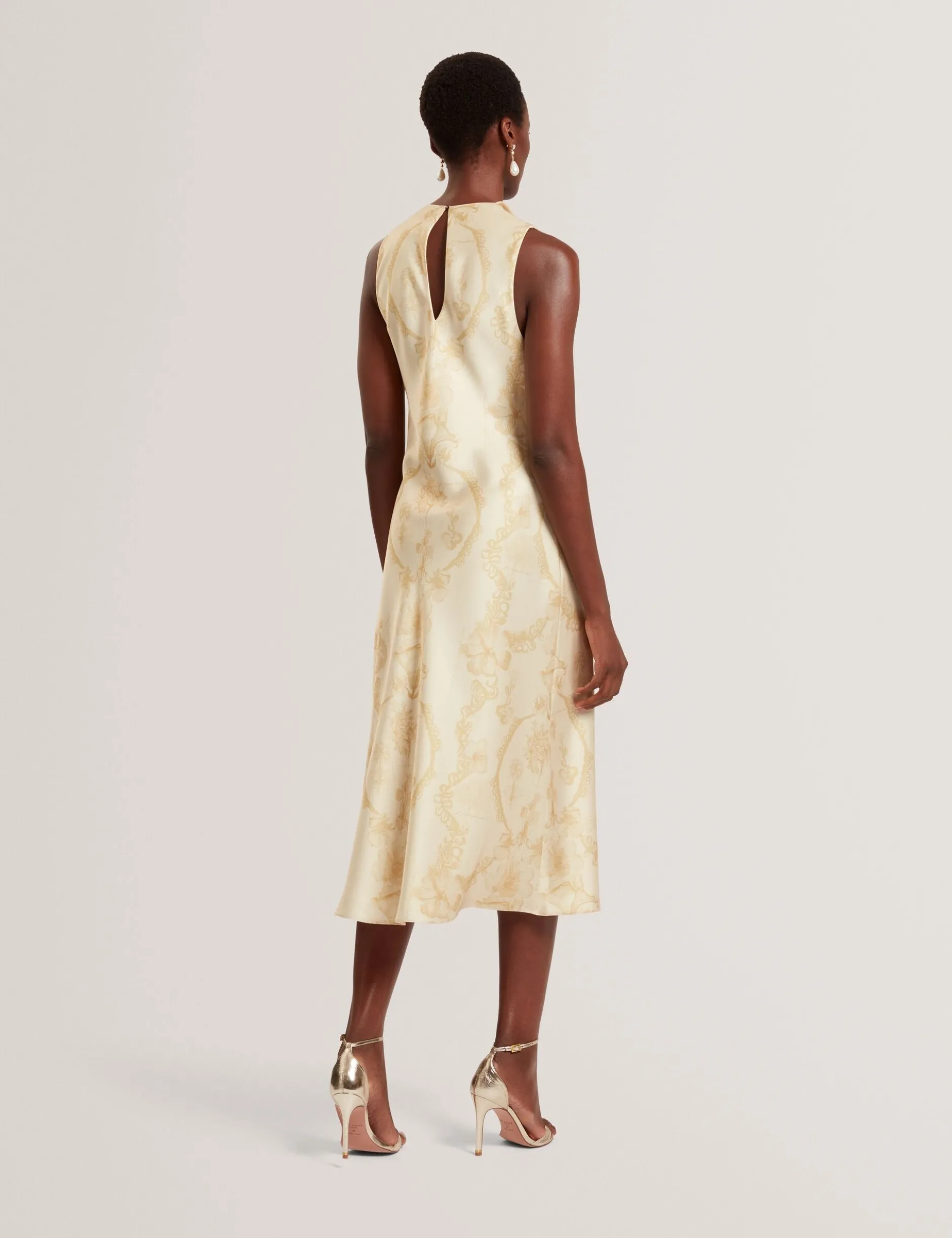 Satin-Midikleid mit Spitzenprint, Wasserfallausschnitt und Spitzenbedruckung