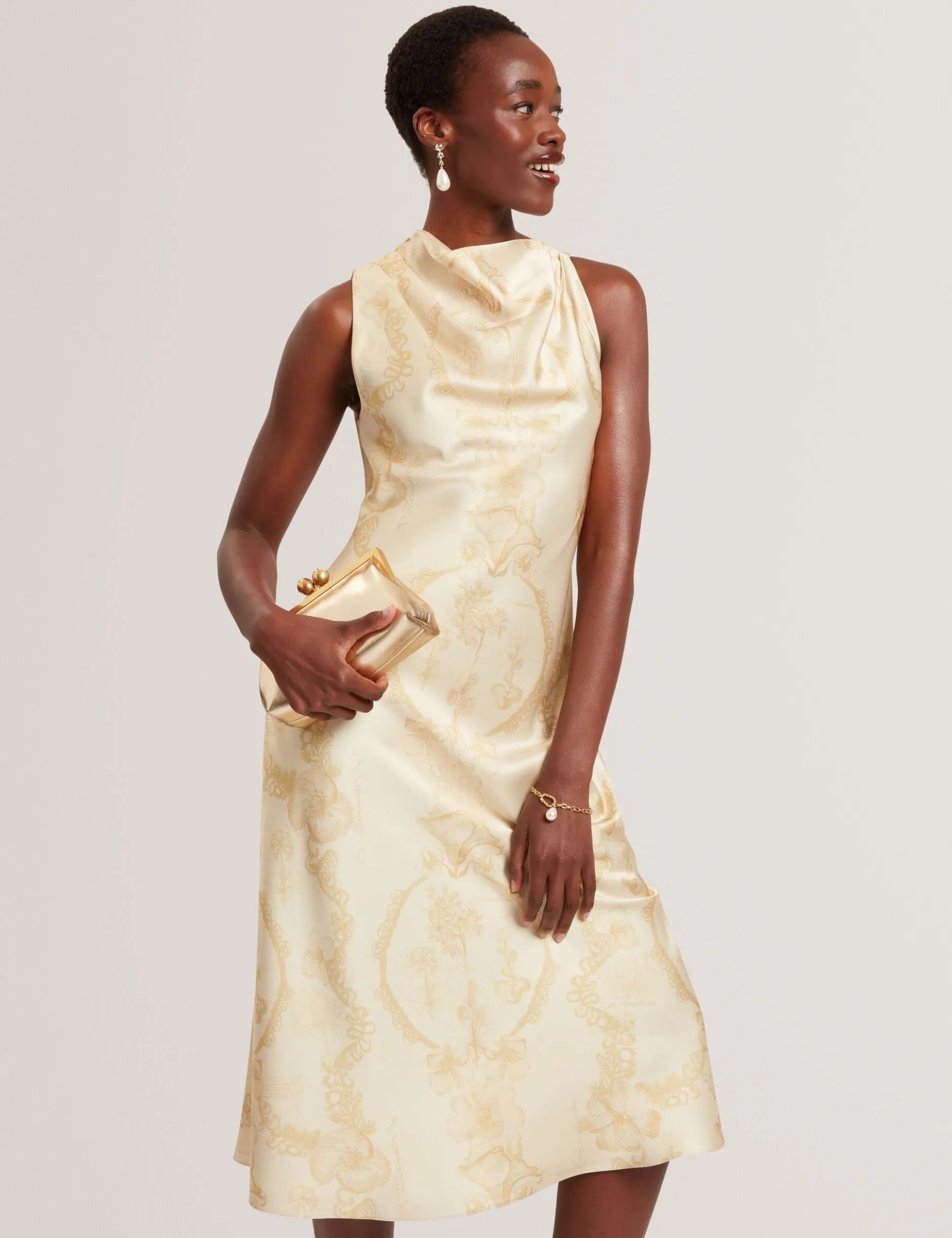 Satin-Midikleid mit Spitzenprint, Wasserfallausschnitt und Spitzenbedruckung