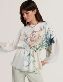 Soft Blooms Puff Sleeve Peplum Top