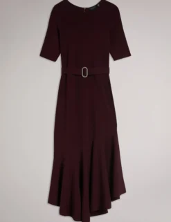Strickkleid in Midi-Länge mit ausgestelltem Saum und Gürtel