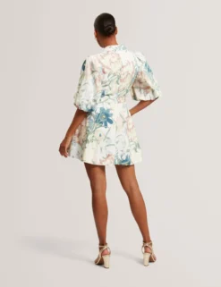 Weich fallendes Leinen-Minihemdkleid mit Puffärmeln